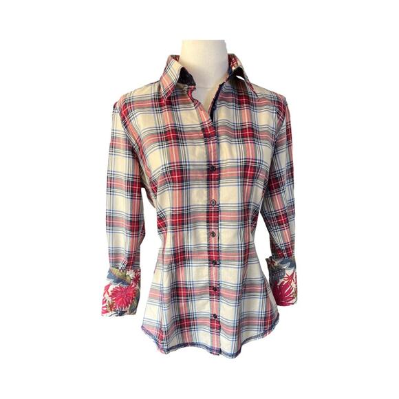 Georg Roth Los Angeles Plaid Shirt Small Contrast Cuff Floral Trim Button Down - Picture 8 of 11